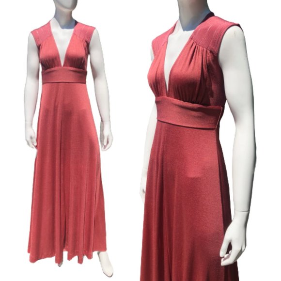 Vtg 70s Puce Rose Pointelle Knit V-Neck Tie Waist Open Back Maxi Disco Gown S/M - Picture 8 of 17
